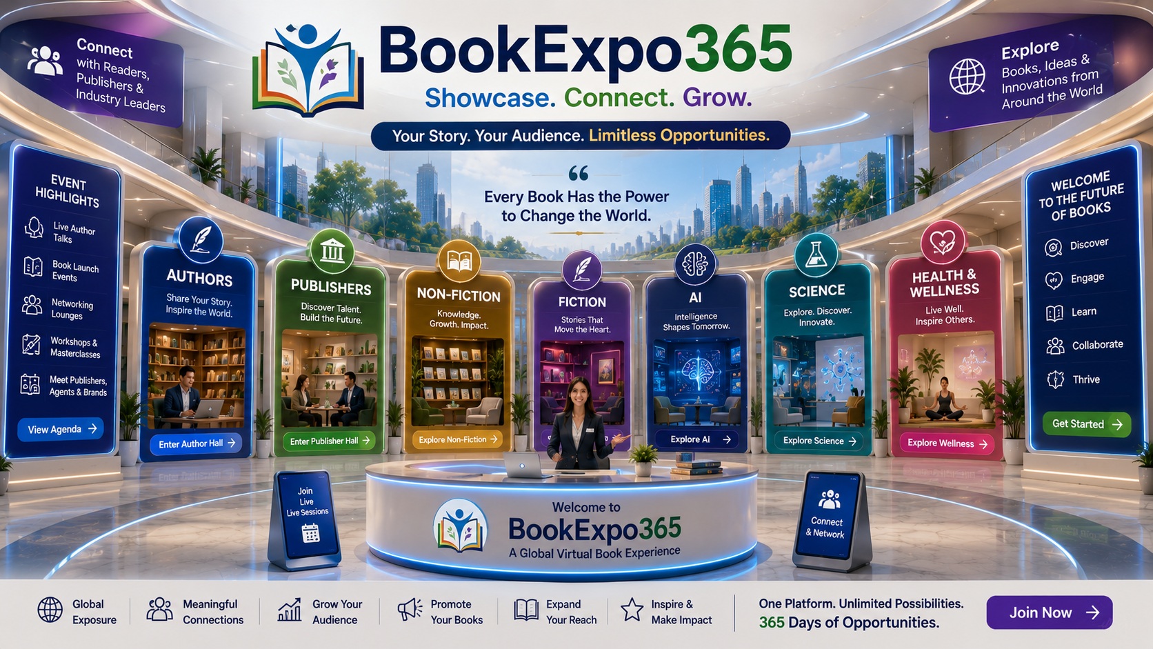 BookExpo365 virtual lobby with a central welcome desk, authors and publishers networking, and category discovery halls